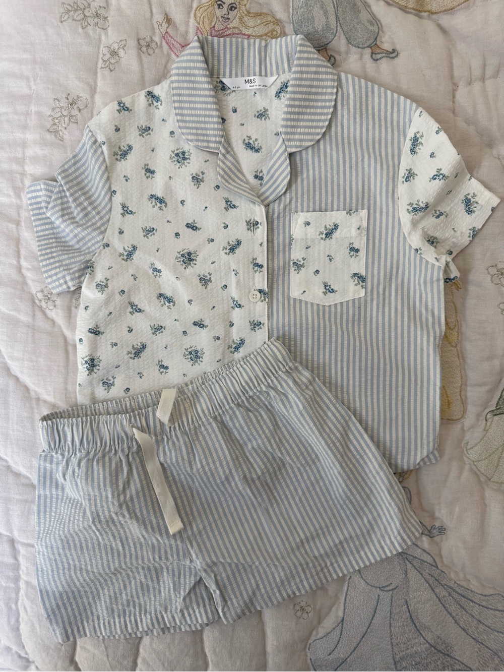 Marks & Spencer Blue and White Striped & Floral Kids Pajama Set